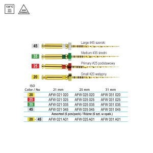 Pilniki NiTi maszynowe W Plus 21mm 20-45 różne (6 szt)