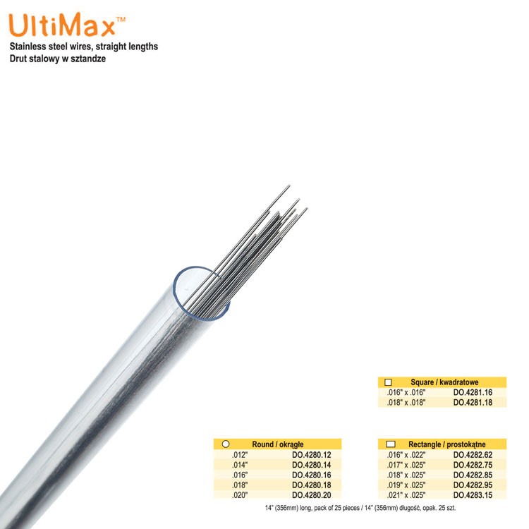 UltiMax Drut stalowy kwadratowy .016 x .016 14 (356mm) długość