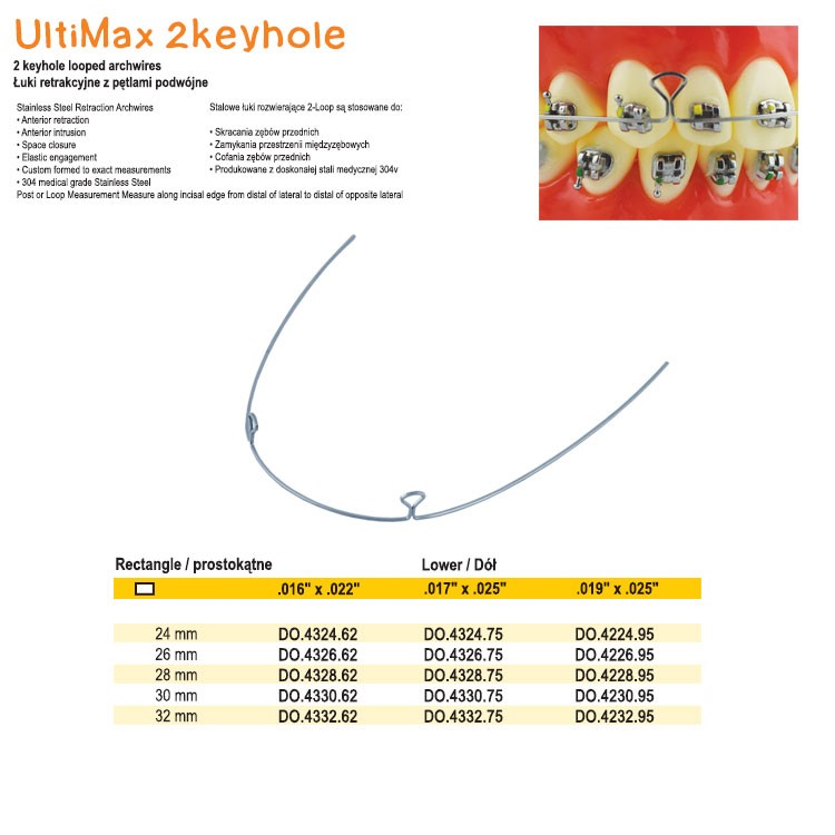 Łuki SS Full-Form retrakcyjne z pętlami podwójne prostokąt. dół 24mm .016x.022 (10 szt.)
