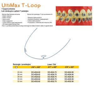 Łuki SS Full-Form retrakcyjne z pętlami T podwójne prostokąt dół 26mm .017 x .025 (10 szt.)