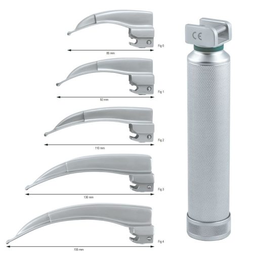 Macintosh Zestaw laryngoskopowy z wymiennym światłowodem (Max-Led rękojeść standard + łyżki fig.0, 1, 2, 3, 4)