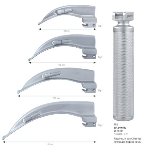 Macintosh Zestaw laryngoskopowy bateryjny (rękojeść standard + łyżki fig.0, 1, 2, 3, 4)